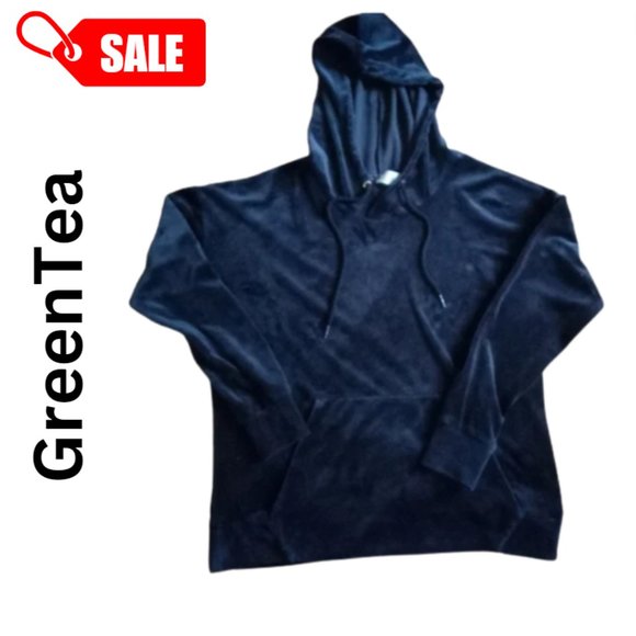 GREEN TEA - Black Velvet Hoodie Large Pocket Soft Lounge Sweater - Picture 1 of 2